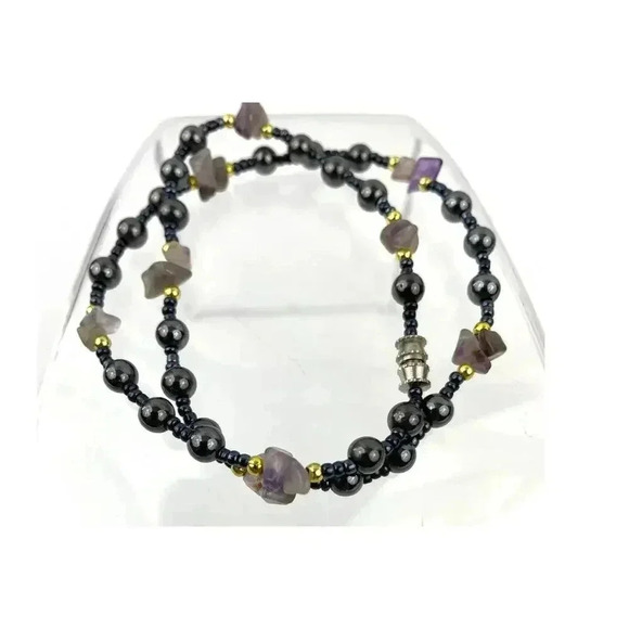 Natural Stone and Metal Beaded Necklace Amethyst  16" Choker Purple Gray - Picture 4 of 14